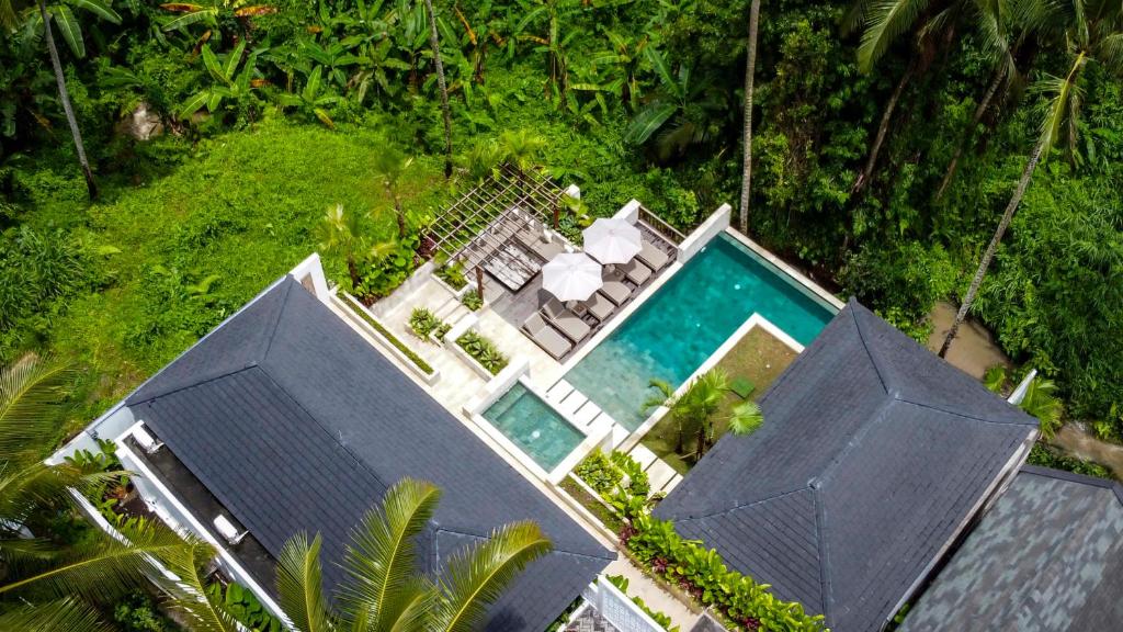 an overhead view of a house with a swimming pool at La Jungle Villa in Ubud