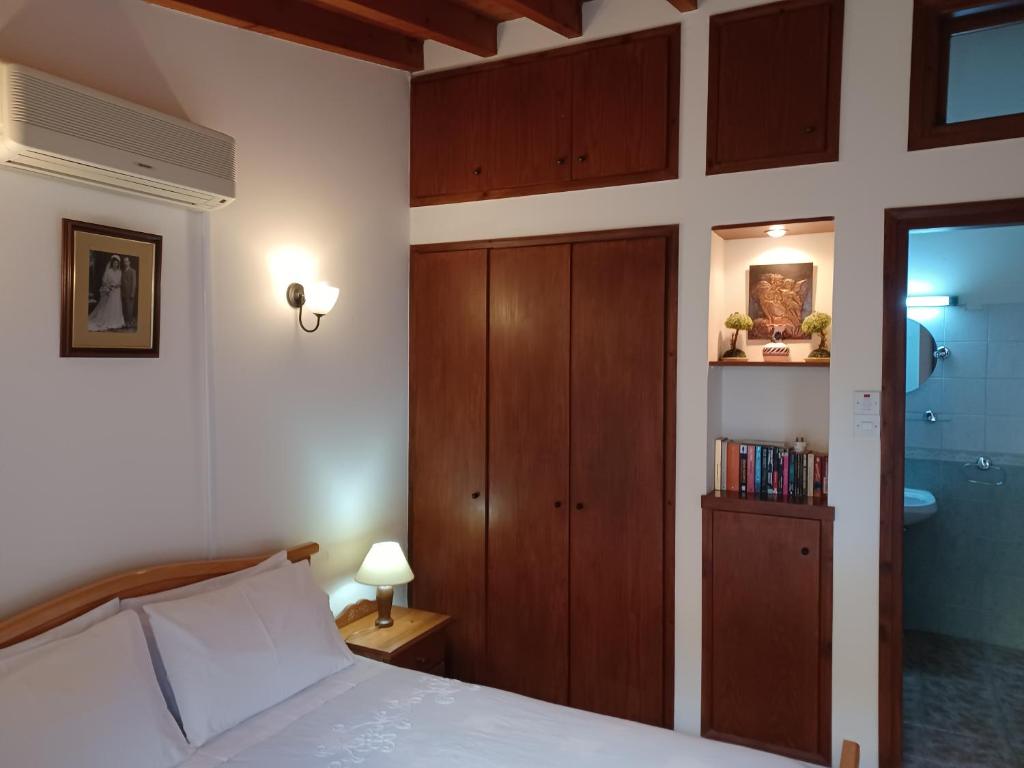 een slaapkamer met een bed en een badkamer bij Niovi House in Tochni