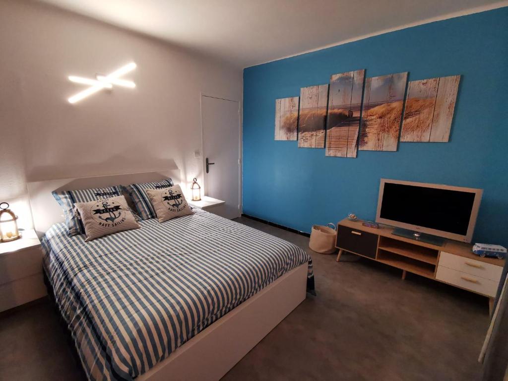 une chambre avec un lit et une télévision à écran plat dans l'établissement Appartement Azur, à Balaruc-les-Bains