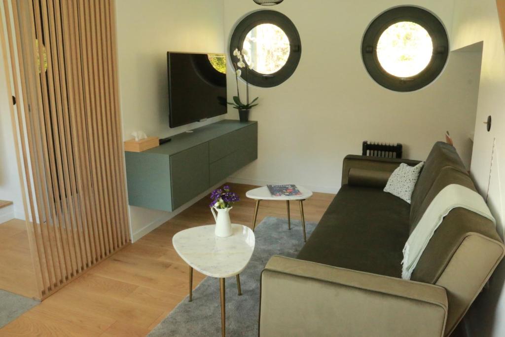 sala de estar con sofá y TV en Studio très cosy - indépendant dans une péniche - Paris 16 en Puteaux