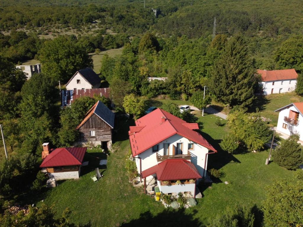 eine Luftansicht eines Hauses mit roten Dächern in der Unterkunft House Sara in Korenica