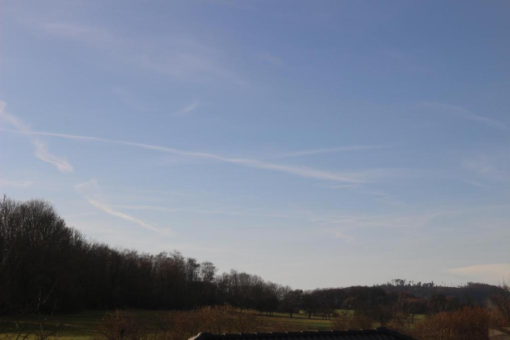 un cielo azul claro sobre un campo con árboles en Weite Blicke, en Horn-Bad Meinberg