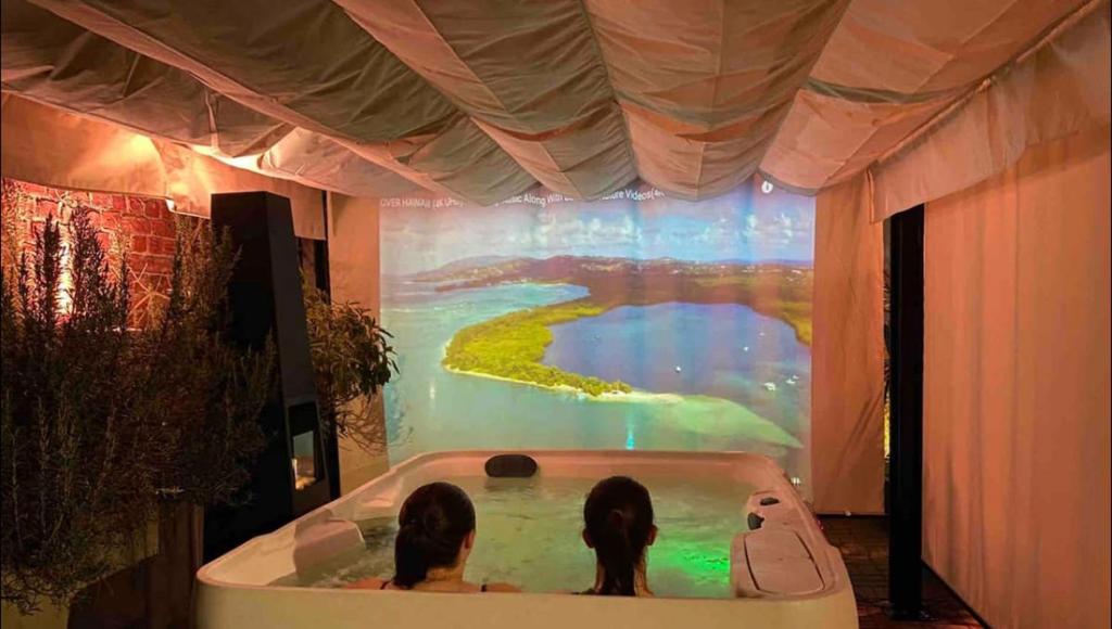 two people in a bath tub in a room with a painting at Le jacuzzi de Marie ll in Tourcoing