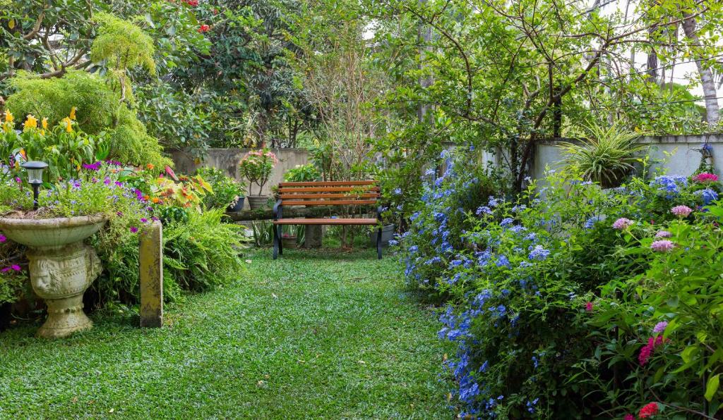 スリ・ジャヤワルダナプラ・コッテにあるIdor Holidaysの木製のベンチと花のある庭園