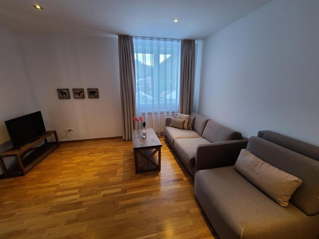 un salon avec deux canapés et une télévision dans l'établissement Bela Brada - Brzeće, Kopaonik, à Brzeće