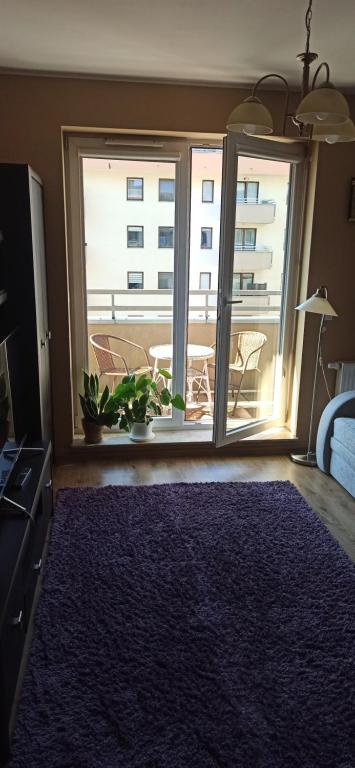 a living room with a large window and a large rug at Apartamenty Kraków -Podgorze M&W in Krakow