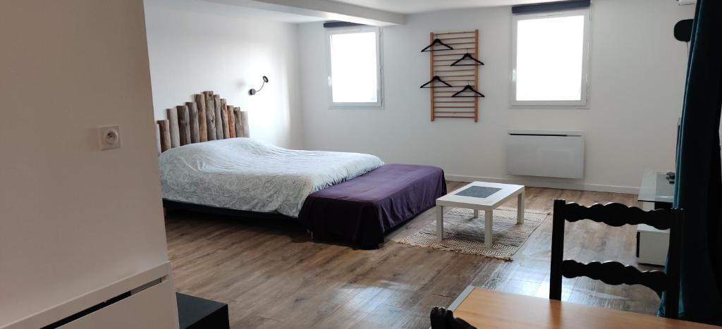 una camera con un letto e un tavolo e due finestre di Studio Les Cadichons de la Grange a Saint-Péray