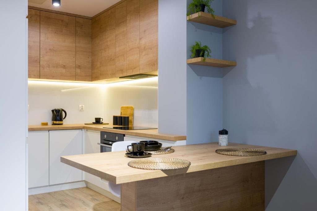 a kitchen with white cabinets and a counter top at Apartament przy Fabrycznym in Łódź