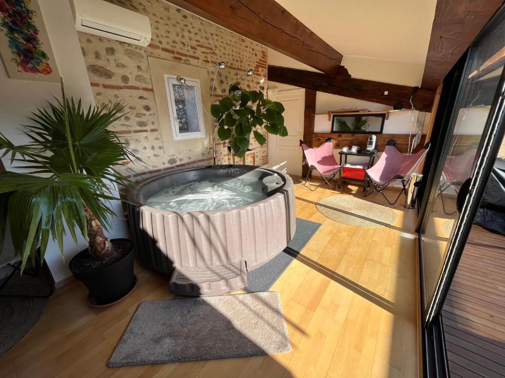 uma casa de banho com jacuzzi num quarto em Chai de Villeneuve em Villeneuve-la-Rivière