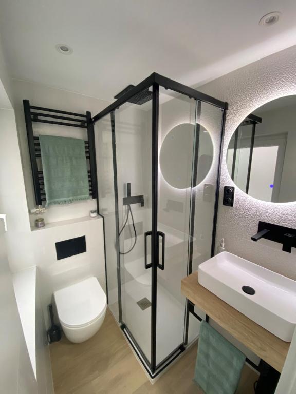 un bagno con doccia, WC e lavandino di ALANDA vivienda turística a Burgos
