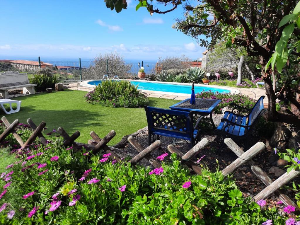 two blue benches in a garden with a swimming pool at Casita Miramar in El Paso