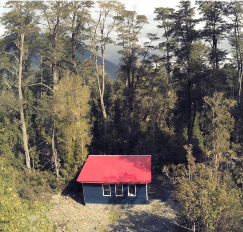 a smallshed with a red roof in a forest at REFUGIO RIVER PUELO in Puelo