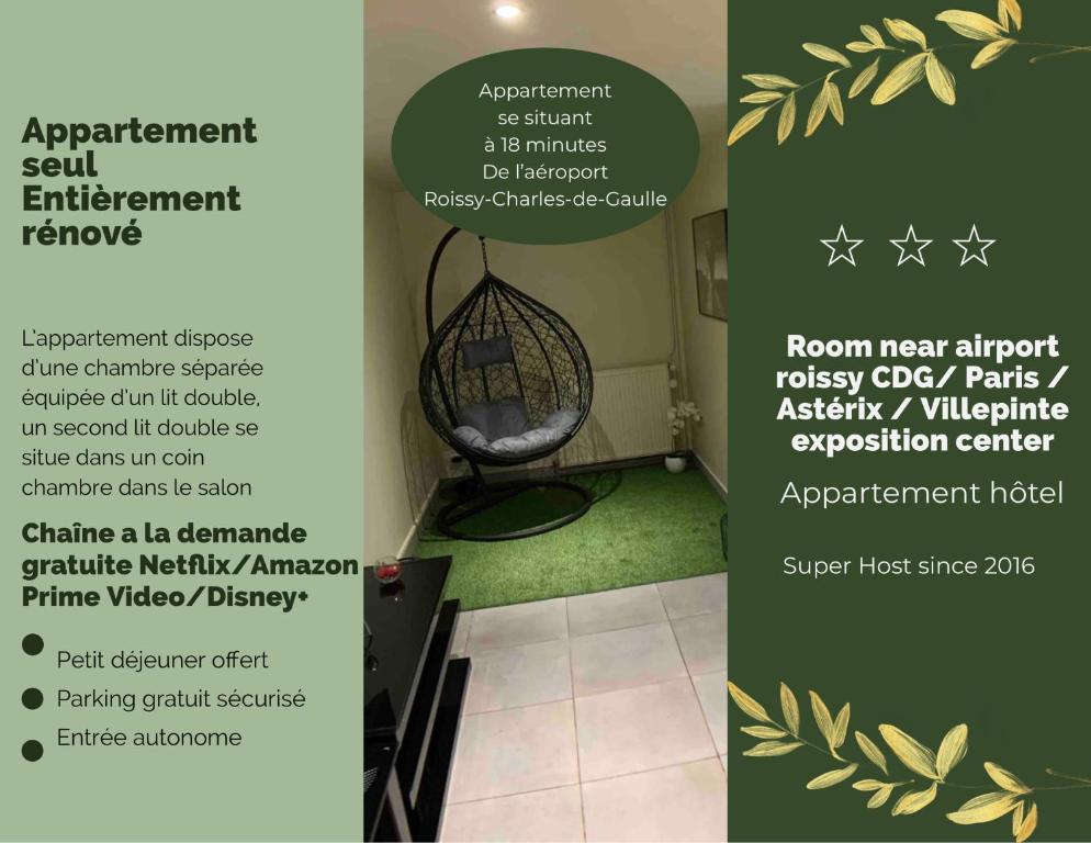 a flyer for an event with a chair in a room at Appartement cosy proche Roissy CDG Astérix DisneyLand Paris in Goussainville