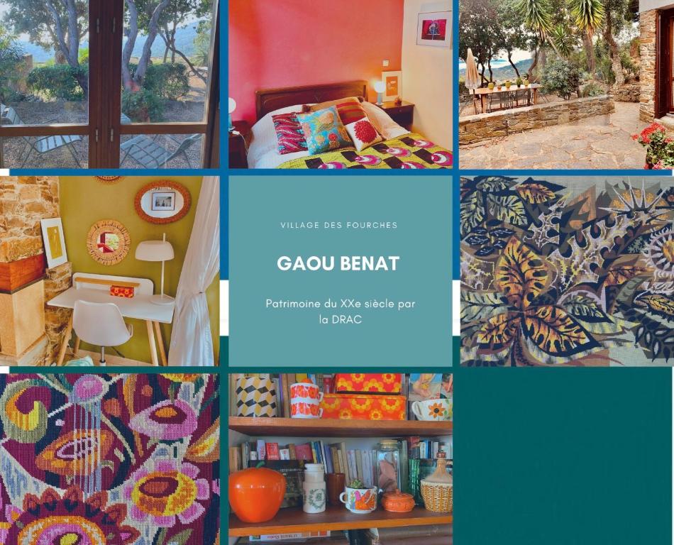 un collage de photos d'une chambre avec un lit et une étagère à livres dans l'établissement Gaou Benat, village des fourches, Label patrimoine XXe siècle, à Bormes-les-Mimosas