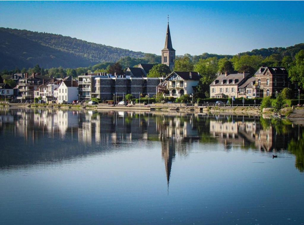 a town with a church and a large body of water at Escale Chambre d'hôtes Au coeur du vieux Profondeville entre Namur et Dinant in Profondeville