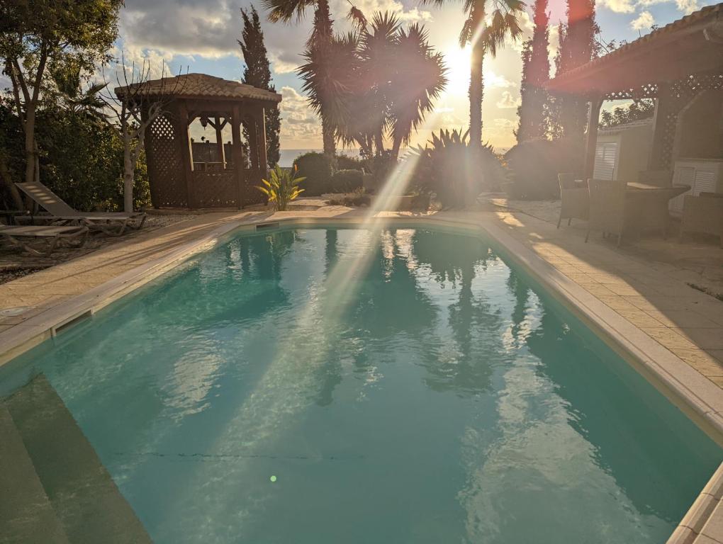 una piscina en un patio con palmeras en Villa Pontus - stunning views & privacy in beautiful garden with pool & hot tub en Kouklia