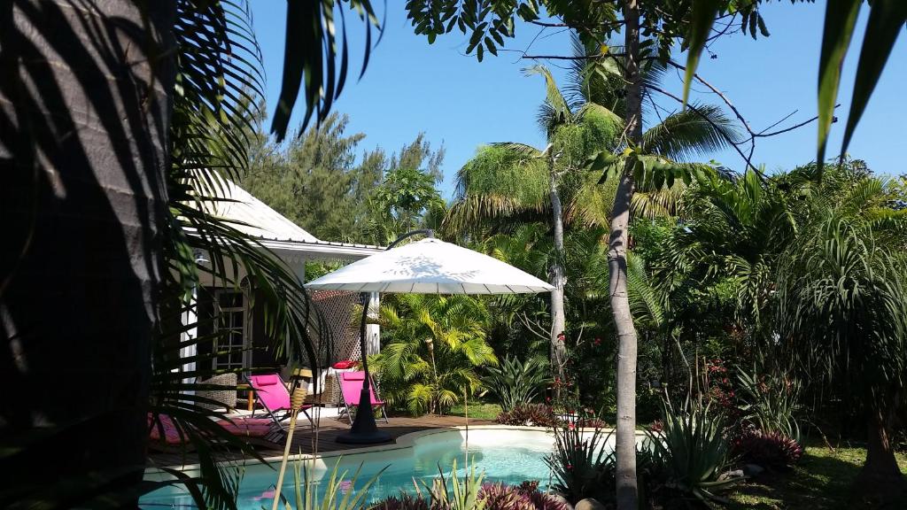 una piscina con sombrilla blanca, sillas y palmeras en Maison meublée avec piscine près du Lagon, en La Saline-Les-Bains