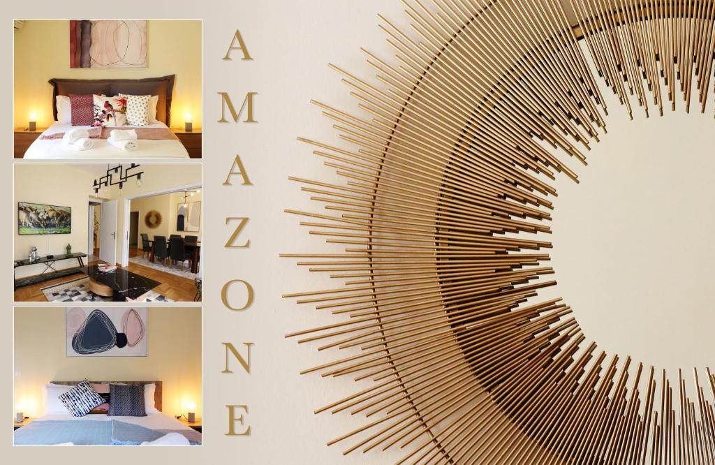 un collage de tres fotos de un dormitorio con un gran espejo de rayos de sol en MELMA PROPERTIES-AMAZONE-premium apartment in Piraeus center en Piraeus