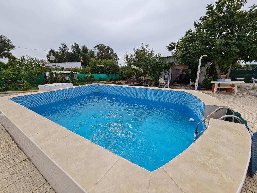 una gran piscina de agua azul en un patio en The Cozy Home, en Gibraleón