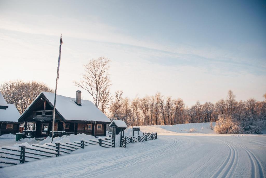 Eine Hütte im Schnee mit einer Fahne drauf. in der Unterkunft Nuustakumajad in Otepää