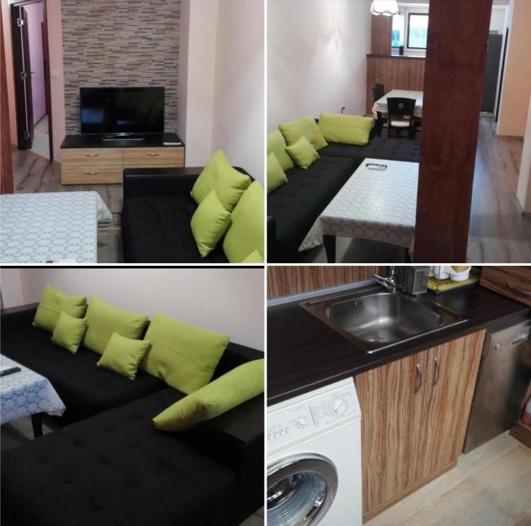 - un salon avec un canapé noir et des oreillers vert citron dans l'établissement Luxury Apartment Uzunov, à Hisarya