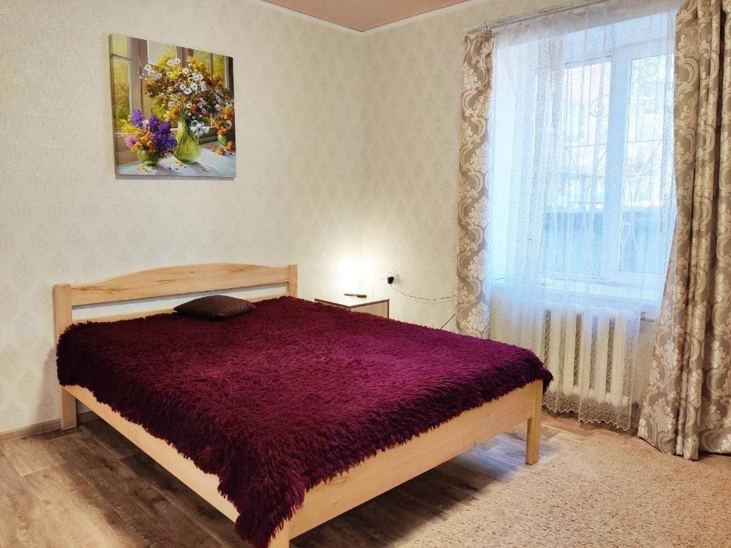 クロプィウヌィーツィクィイにあるShevchenko dvorのベッドルーム(紫色のベッド1台、窓付)