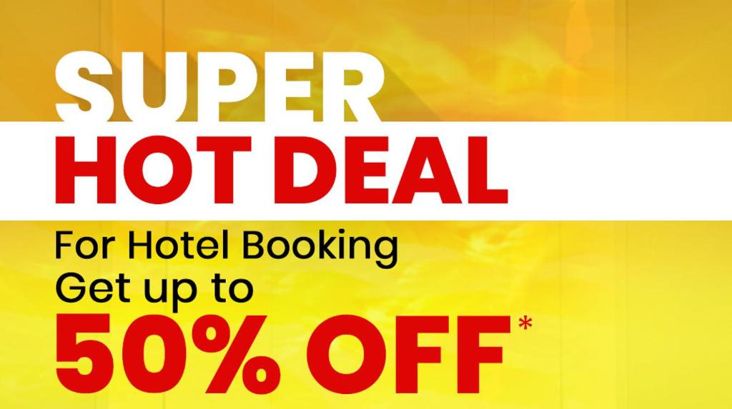 a sign that reads super hot deal for hotel booking get up to off at Hedemora Stadshotell in Hedemora