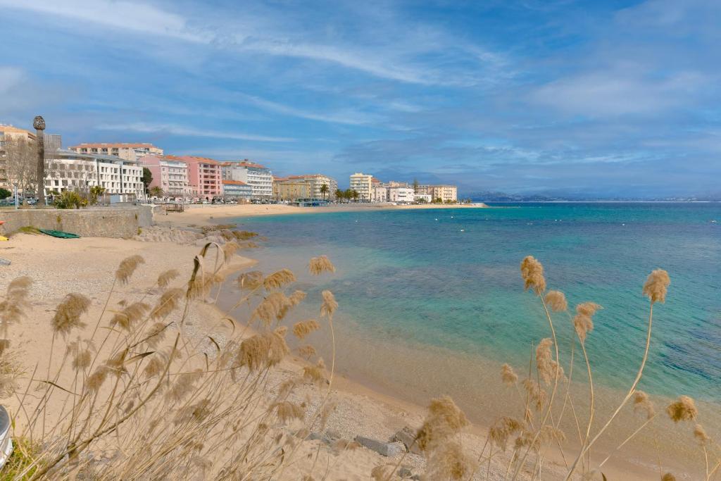 une plage de sable avec des bâtiments et l'océan dans l'établissement Appartement refait à neuf, proche plage et centre ville- Ajaccio-Parc Berthaut, à Ajaccio