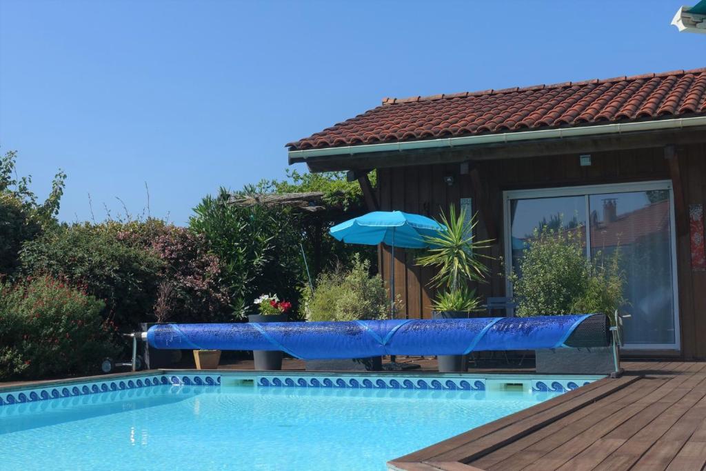 een zwembad met een blauwe opblaasbare bij l Annexe in Biscarrosse