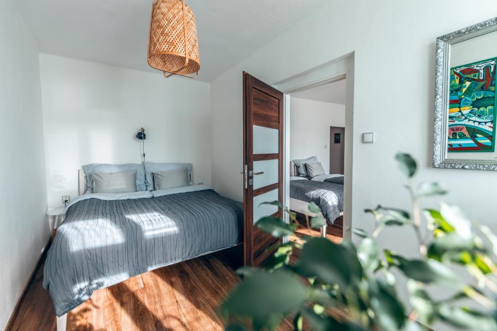 a bedroom with a bed and a mirror at Apartmány CAFÉ-CAFÉ in Jičín