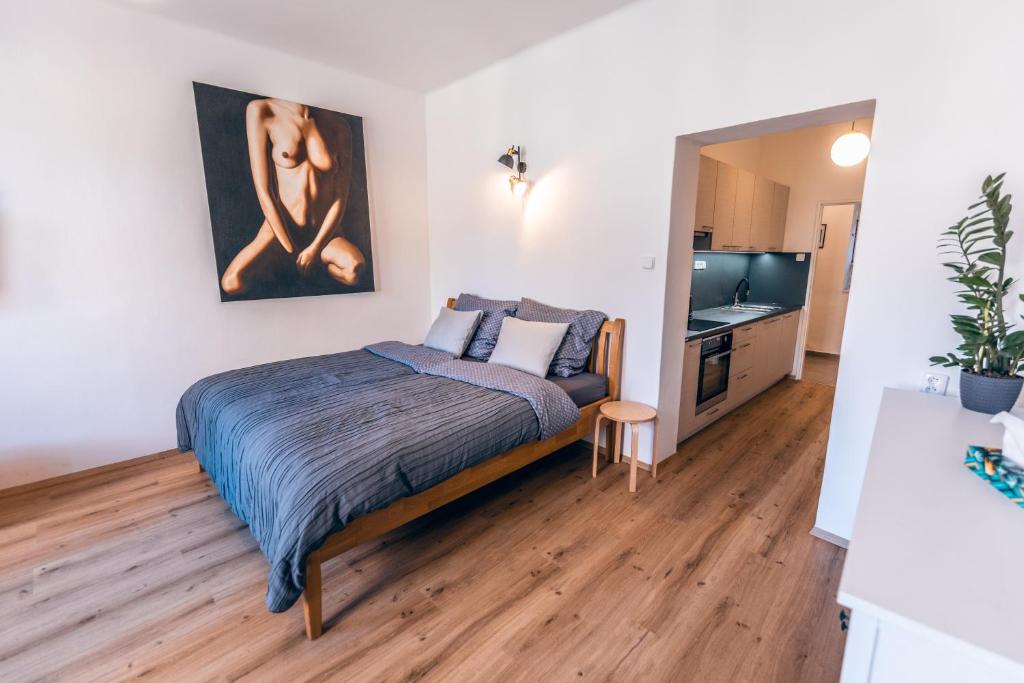 a bedroom with a bed and a television in it at Apartmány CAFÉ-CAFÉ in Jičín