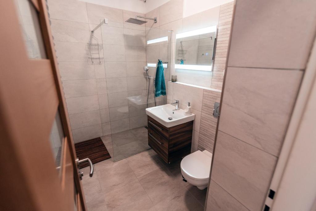 a bathroom with a toilet and a sink and a mirror at Apartmány CAFÉ-CAFÉ in Jičín