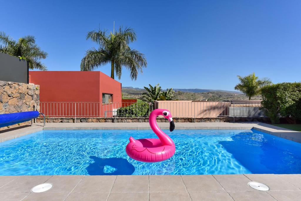 un flamenco rosa inflable en una piscina en Par 4 Blue Star by VillaGranCanaria, en La Playa de Arguineguín