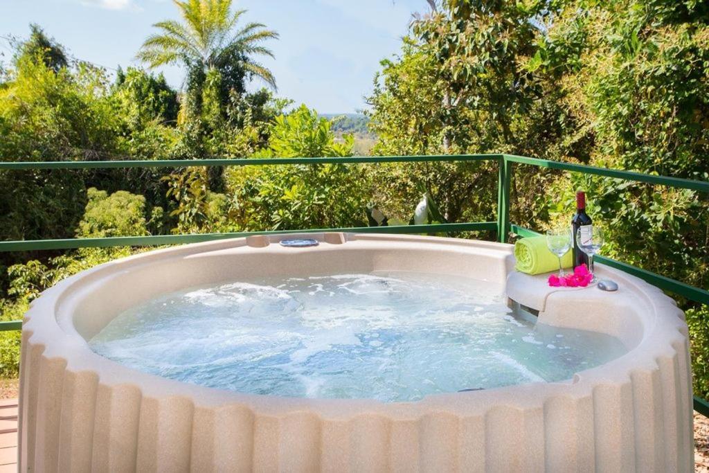 uma banheira de hidromassagem com uma garrafa de vinho em Villa Mariposa - Peaceful and relaxing with ocean view & WiFi em San Antonio