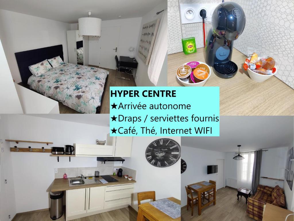 a bedroom and a living room with a bed at Appartement T2 "Mésange" Hyper centre d'Ernée in Ernée