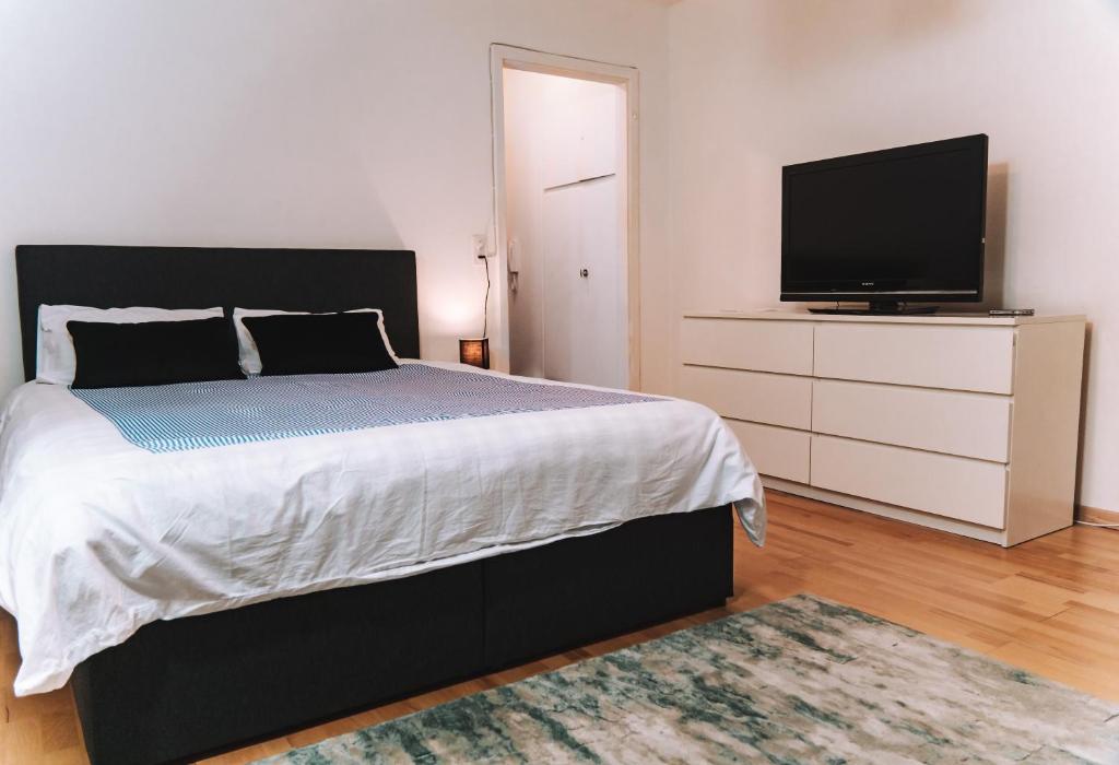 a bedroom with a bed and a flat screen tv at Messe Apartments in the center of basel in Basel