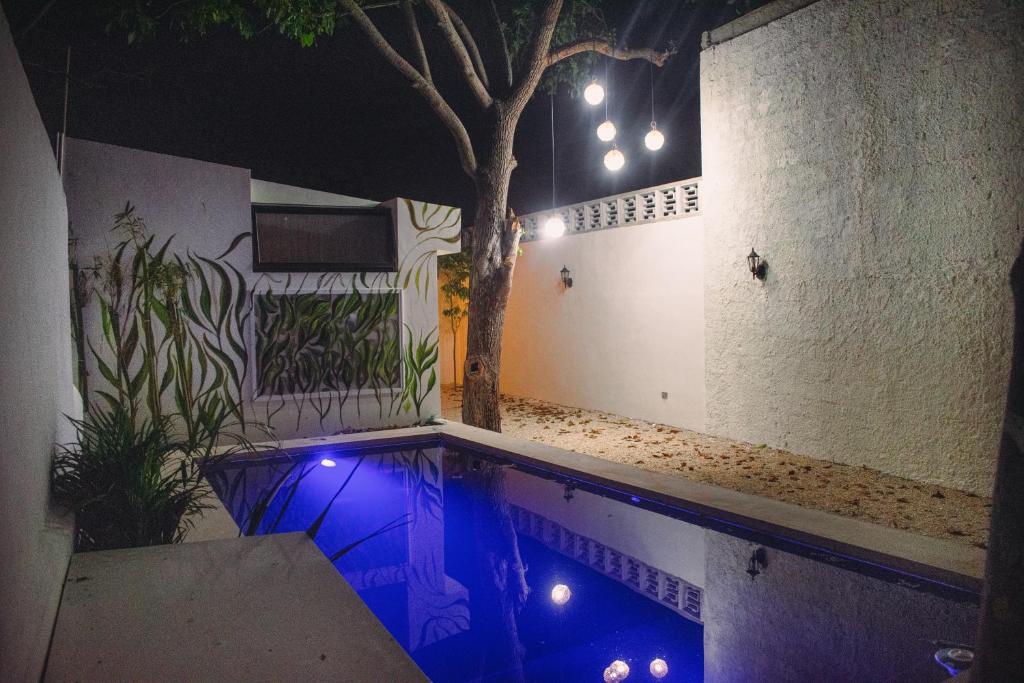 a house with a swimming pool at night at Casa Del Prado in Mérida