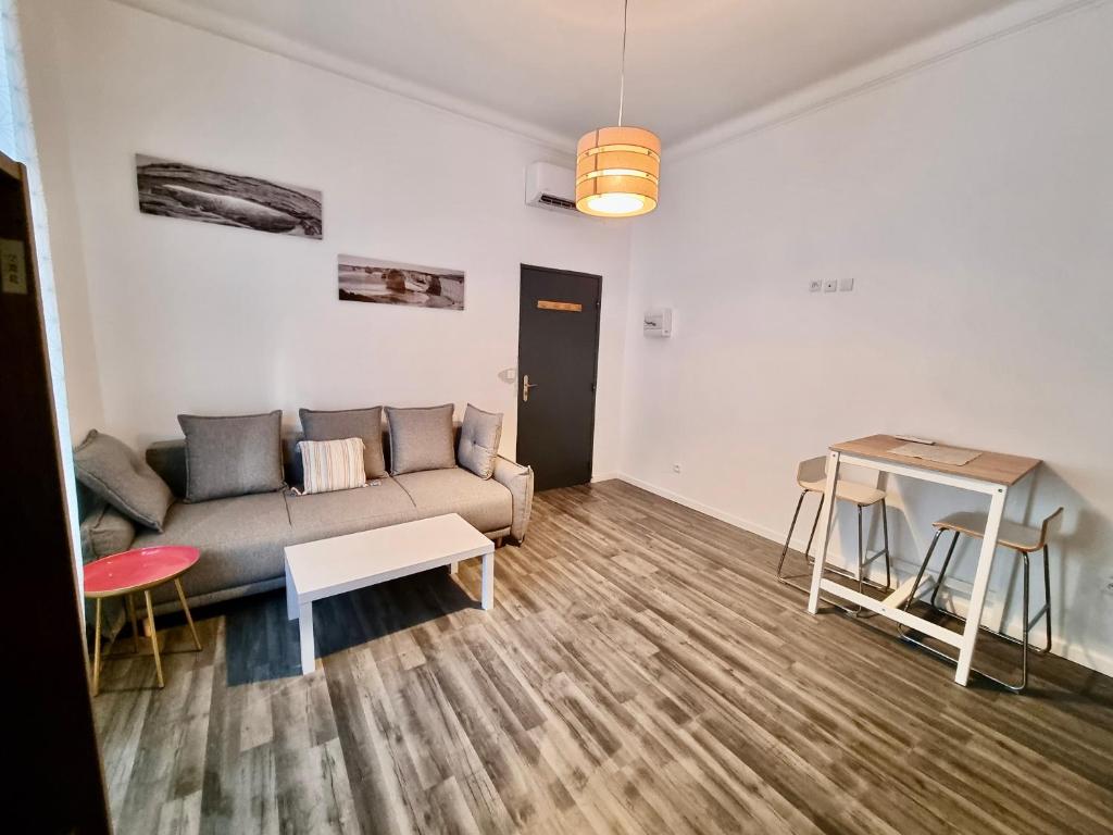 un salon avec un canapé et une table dans l'établissement Les Saules Studio Wifi Clim Gare Centre, à Avignon