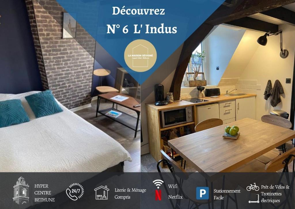 1 dormitorio y cocina con cama y mesa en La Maison Sévigné - Appart Hôtel - N°6 L'indus, en Béthune