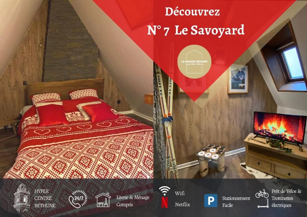 Cartel de un dormitorio con cama y TV en La Maison Sévigné - Appart Hôtel - N°7 Le Savoyard, en Béthune