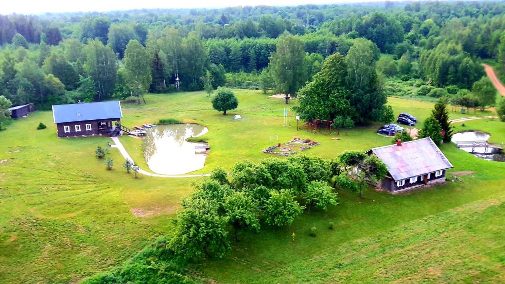 an aerial view of a house and a pond in a field at Alkūnų sodyba in Molėtai