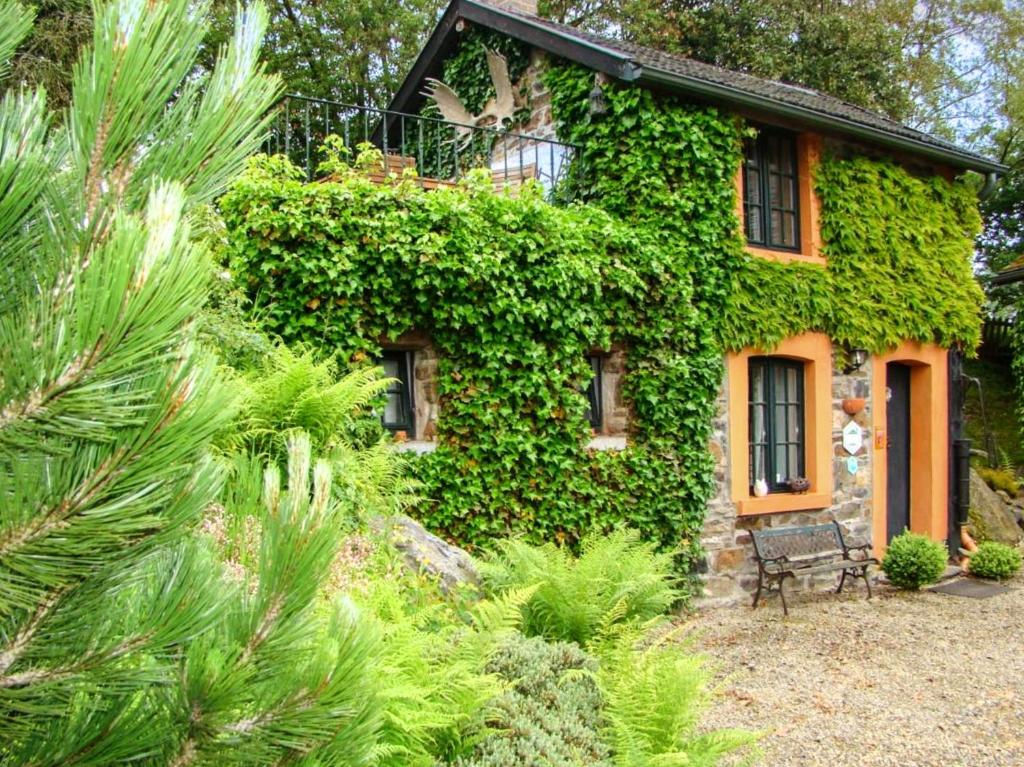 a house covered in ivy with a bench in front at Gîte La Petite Francorchamps Ardennaise in Stavelot