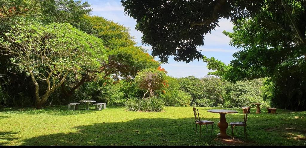 un parque con dos mesas y sillas en el césped en Lake St Lucia Lodge en St Lucia