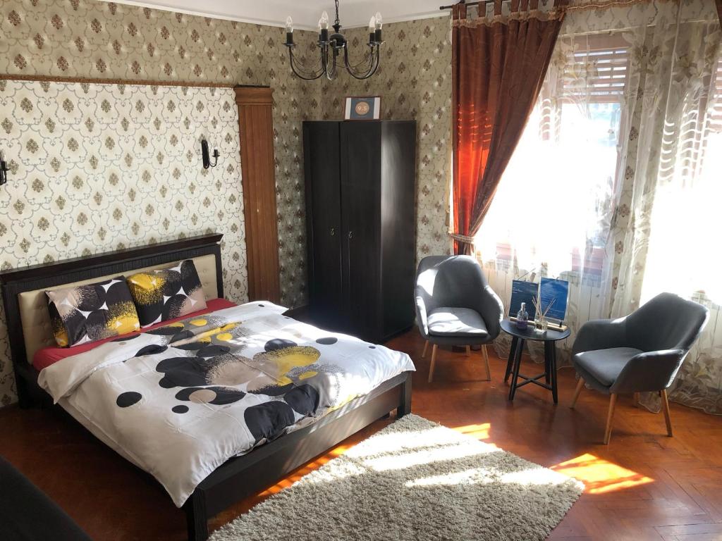 ein Schlafzimmer mit einem Bett und zwei Stühlen und einem Fenster in der Unterkunft Schei Studio 1 in Braşov