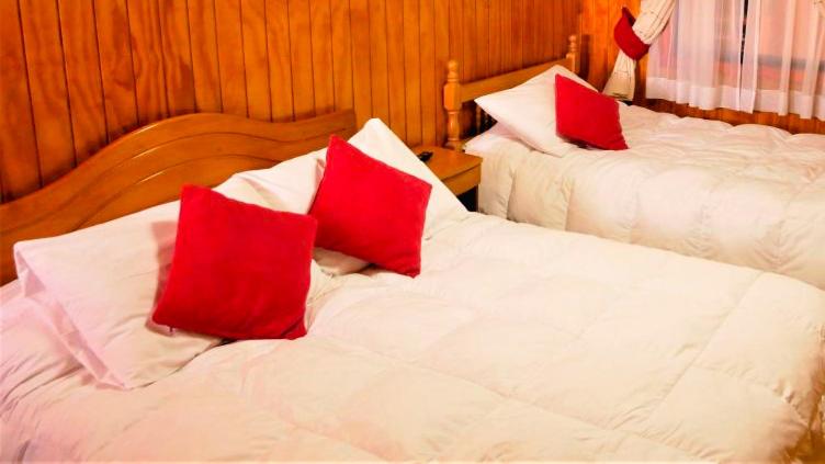Duas camas com almofadas vermelhas num quarto em Hostal Maria em Castro
