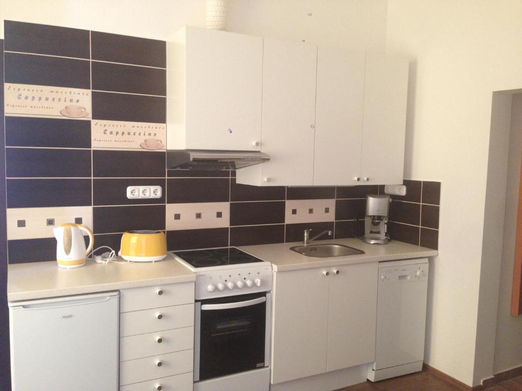 Kuchyň nebo kuchyňský kout v ubytování Aqua Apartmanok