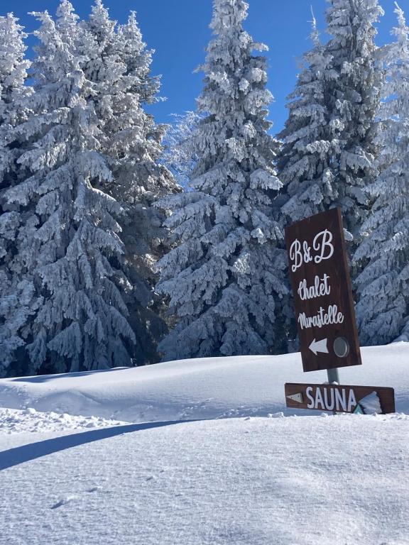 una señal en la nieve frente a algunos árboles en Chalet Mirastelle, en Pretoro