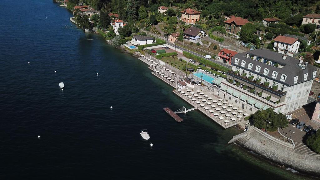 an aerial view of a marina with boats in the water at Hotel Ghiffa in Ghiffa