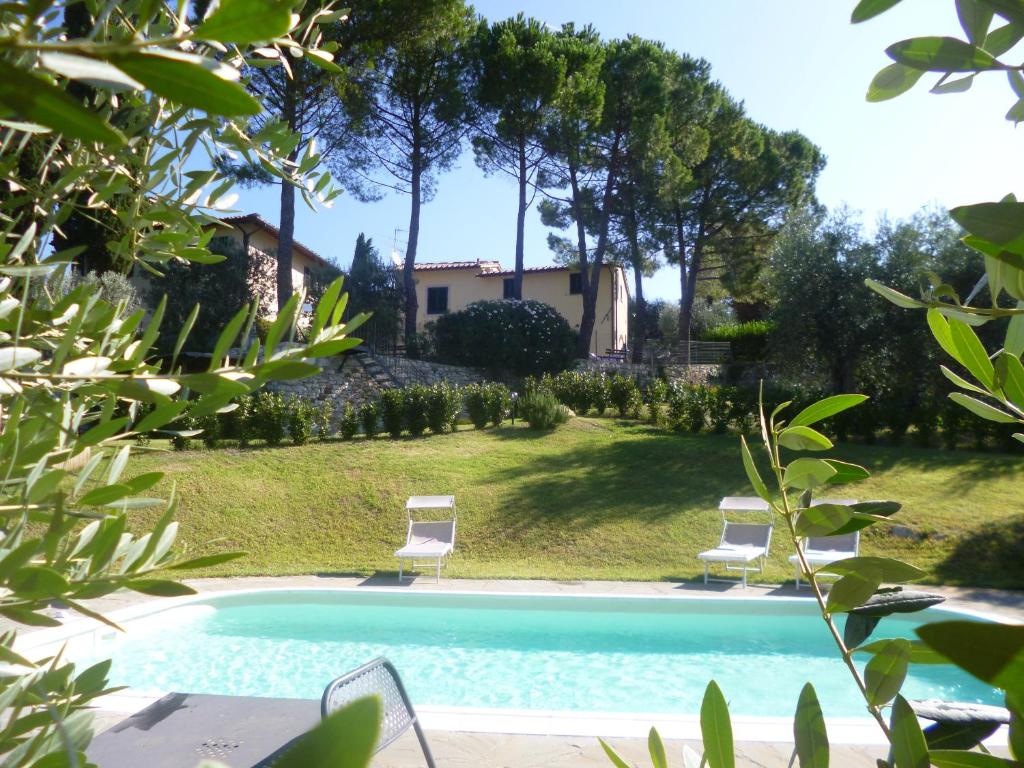 a swimming pool with two chairs and a house at Il Palagetto in Bagno a Ripoli