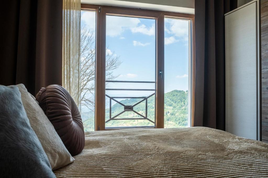 コパオニクにあるSunset View Ski & Spa apartments Kopaonikの大きな窓のあるベッドのある寝室